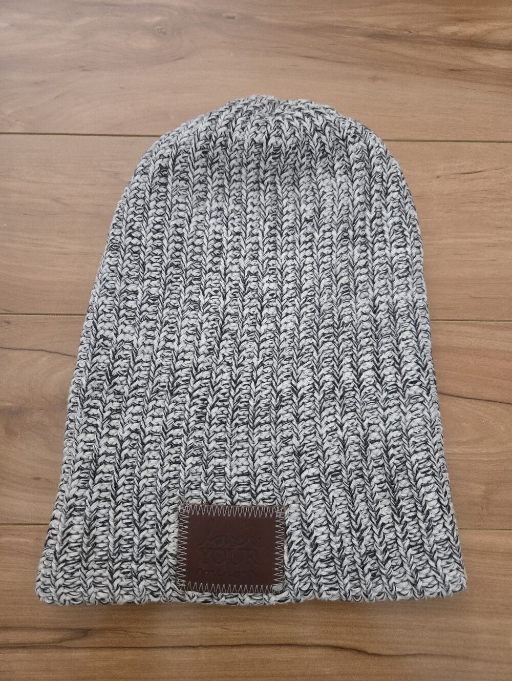 Love Your Melon Black & White Marled Knit Beanie Hat Leather Patch